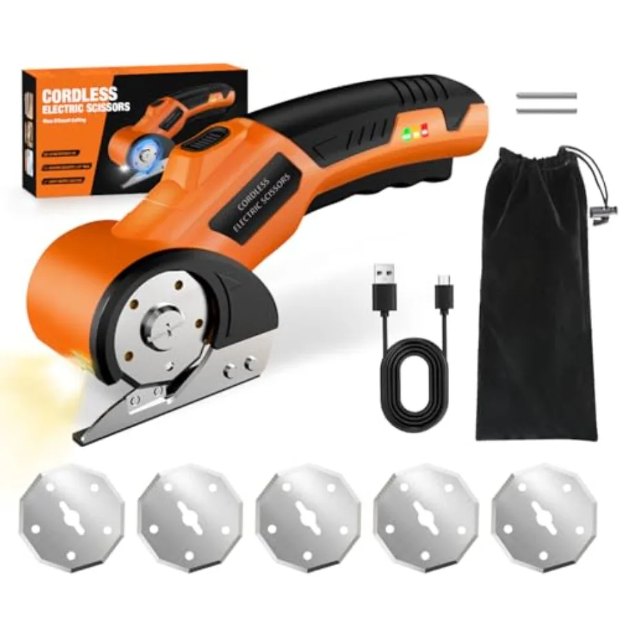 

Cordless Electric Scissorsand5 Blades: 4V Rechargeable Cardboard Cutter5 Blades Safety Lock and LED Light Box Cutter for Carton