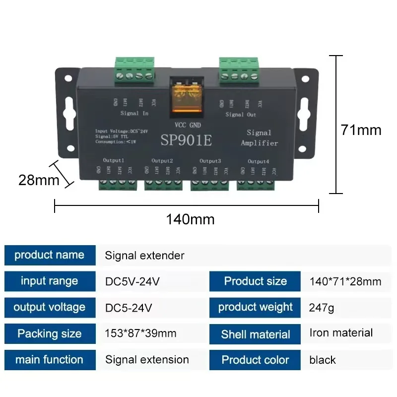 DC5V-24V SPI Signal Amplifier SP901E 4CH Group Amplifier for WS2812B WS2811 WS2815 6812 Addressable LED Pixel Strip Module Light