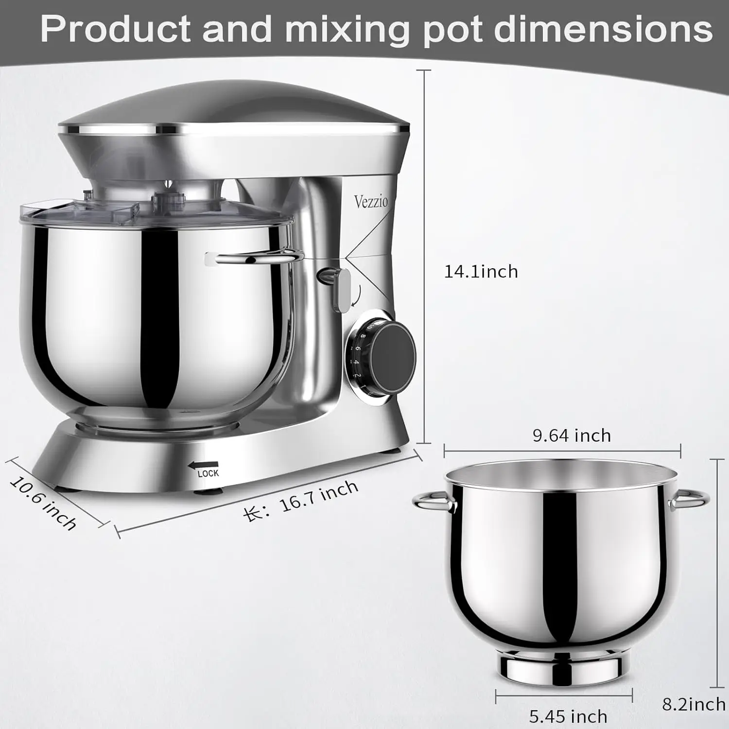 9,5 Qt keukenmixer, 10 kantelbare voedselmixer, Vezzio 660W keuken elektrische mixer met roestvrijstalen kom, vaatwasmachinebestendig