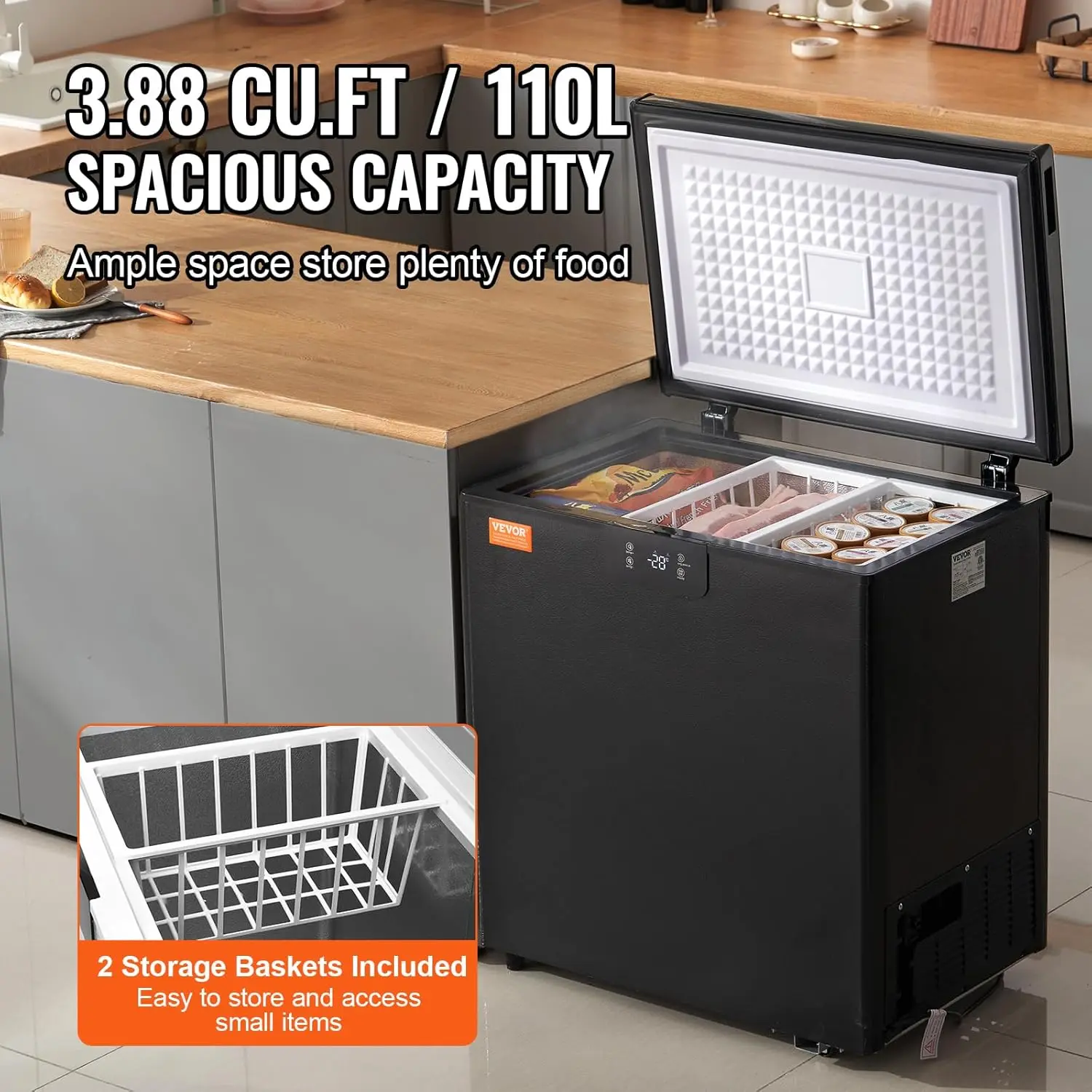 Chest Freezer, 3.88 Cu.ft / 110 L Compact Deep Freezer, Free Standing Top Open Door Compact Freezers.