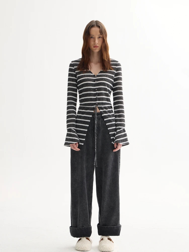 

Furifuri 25AW Women's Knitted Stripe Top with Bell Sves Belted Mid-Length Casual Sle Layering Long Sve Cotton Blend