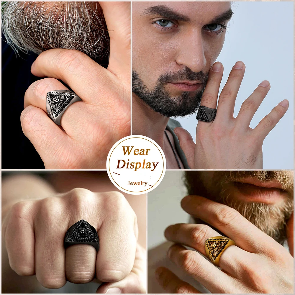 Stainless Steel Triangle All-seeing Eye Rings for Man Eye of Providence Deep Engrave Symbol Retro Style Jewelry Gift for Him
