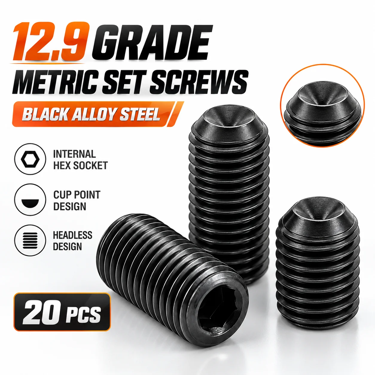 20 grade 12.9 black alloy steel headless cup positioning screws M5 M6 hexagon socket cylindricalhead headless screws fixingbolts