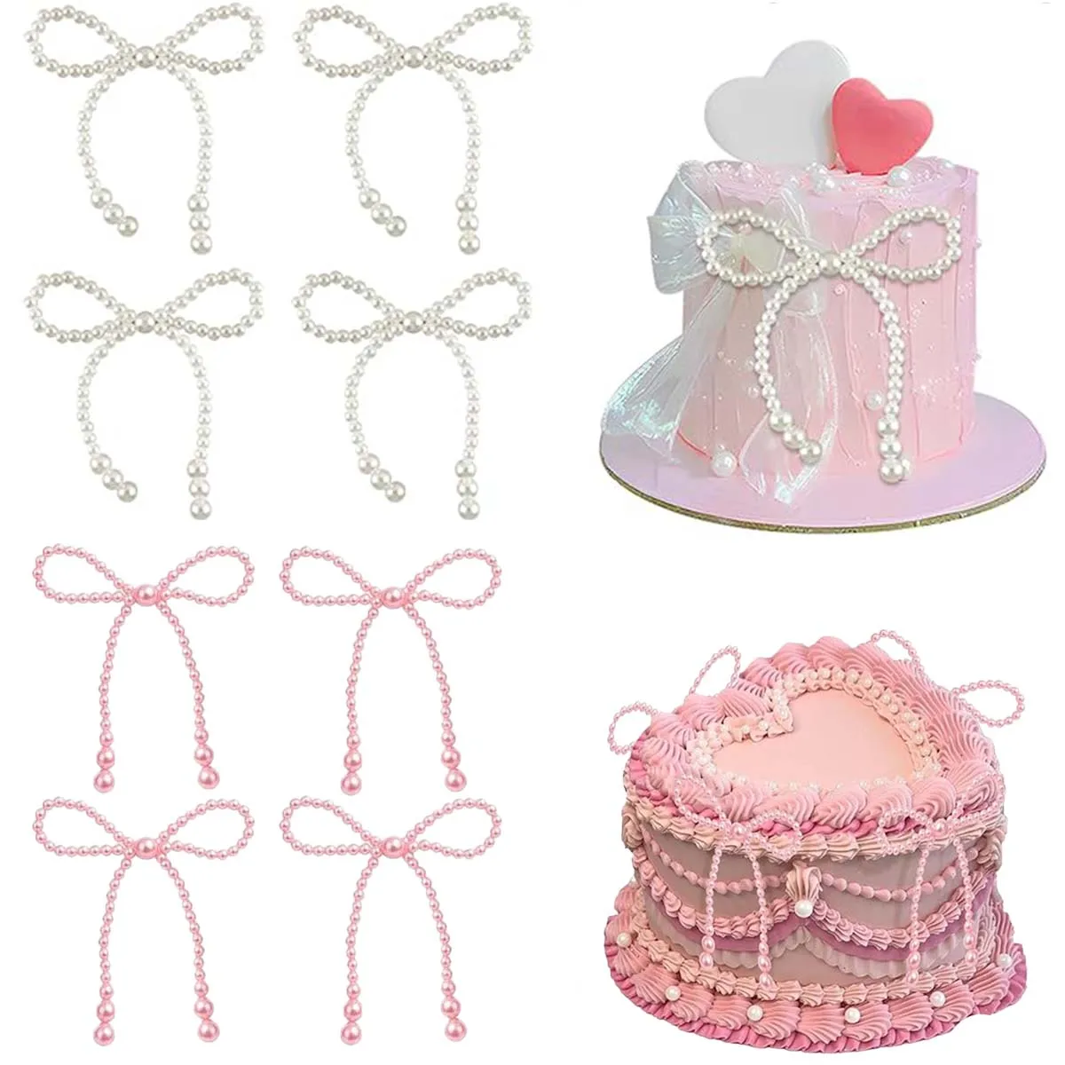 Décoration de gâteau avec nœud en perles blanches/rose, adaptée à une seule fête, anniversaire, baptême, mariage, décoration de fête sur le thème de la princesse.