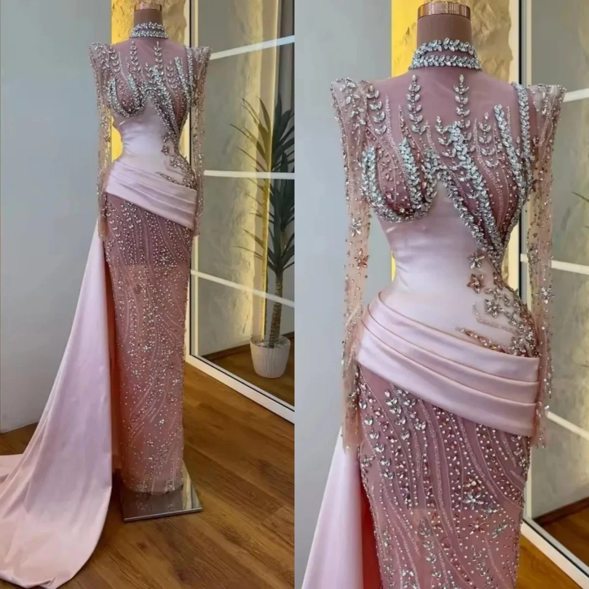 ชุดราตรีทรงเมอร์เมด ดีไซน์เนอร์ คอสูง ประดับคริสตัล งานปักเลื่อม ชุดออกงาน แขนยาว ยาวกรอมพื้น  สามารถสั่งตัดได้