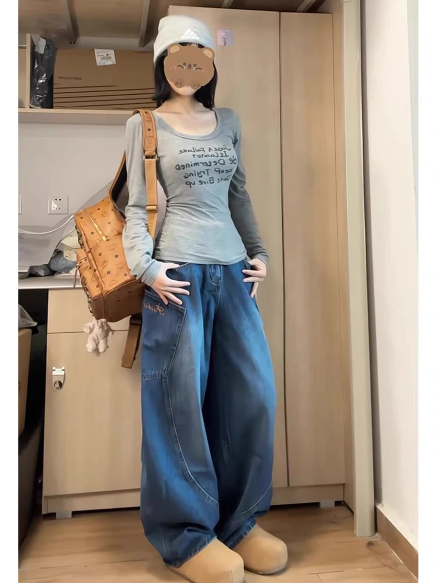 

Джинсы женские больших размеров, американский стиль, деним, весна-осень, свободные, с высокой талией, прямые, широкие штанины, для фигуры «груша»