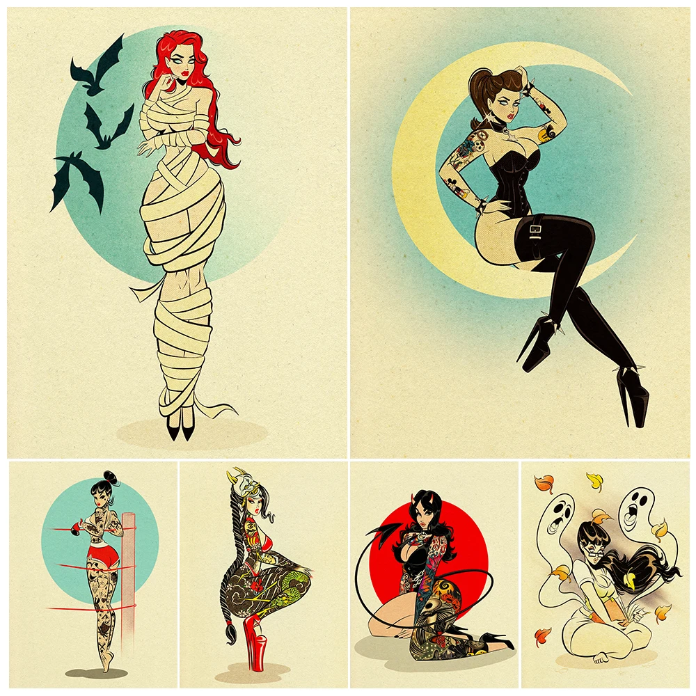 Sexy Tattooed Demon Vintage Wall Art Canvas Painting Lovely Mummy Lady And The Ghost Witch Art Poster Print Home Decor Unframed