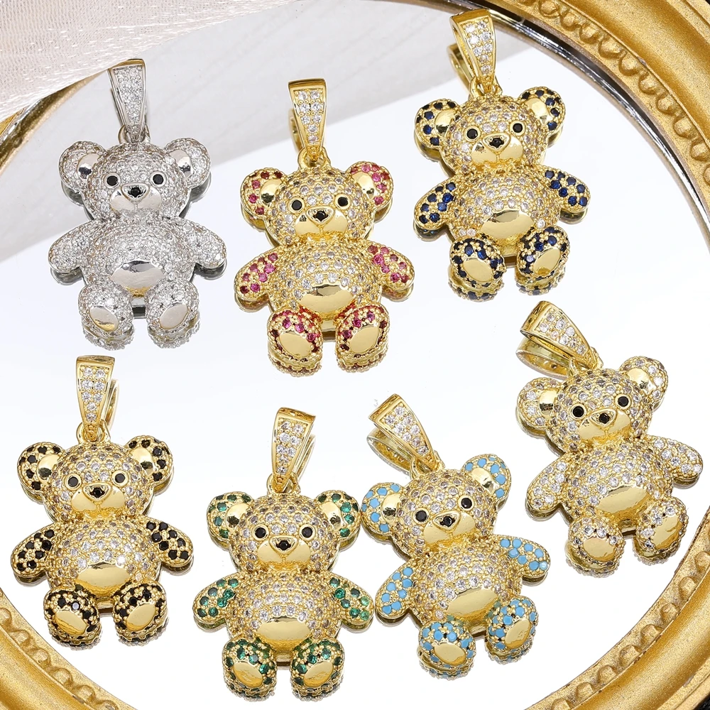 Juya Handmade Luxury Gift Jewelry Making Decoration Pendants DIY 18K Real Gold Plated Cz Paved Animals Cute Bear Charms Supplies