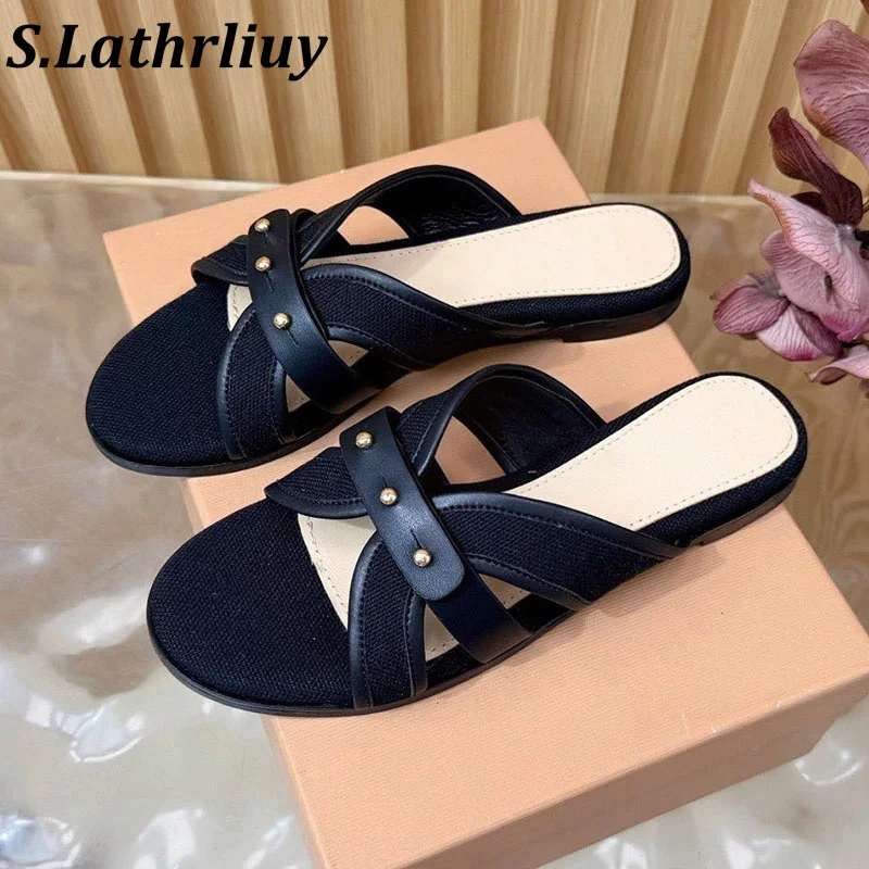 Slippers Women 2026 Genuine Leather Open Toe Flat Shoes Cross Band Sandalias Comfortable Summer Seaside Beach Vacation Sandals