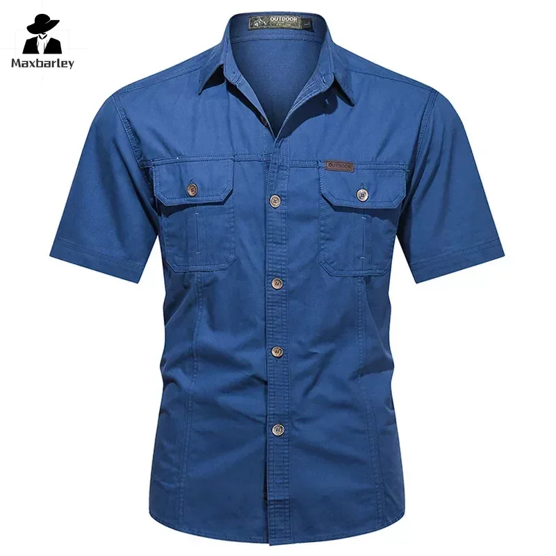 Men\'s Streetwear Casual Button Down unload Cargo Shirt Short Sleeve Cotton Dress Shirts For Hiking Fishing Golf Polos Shirts