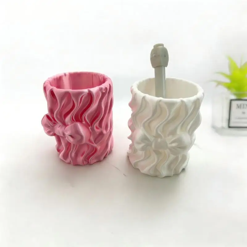 3D Printing Wavy Texture Pen Holder With Cute Bow Decor Large Capacity For School Office Home Stationery Storage