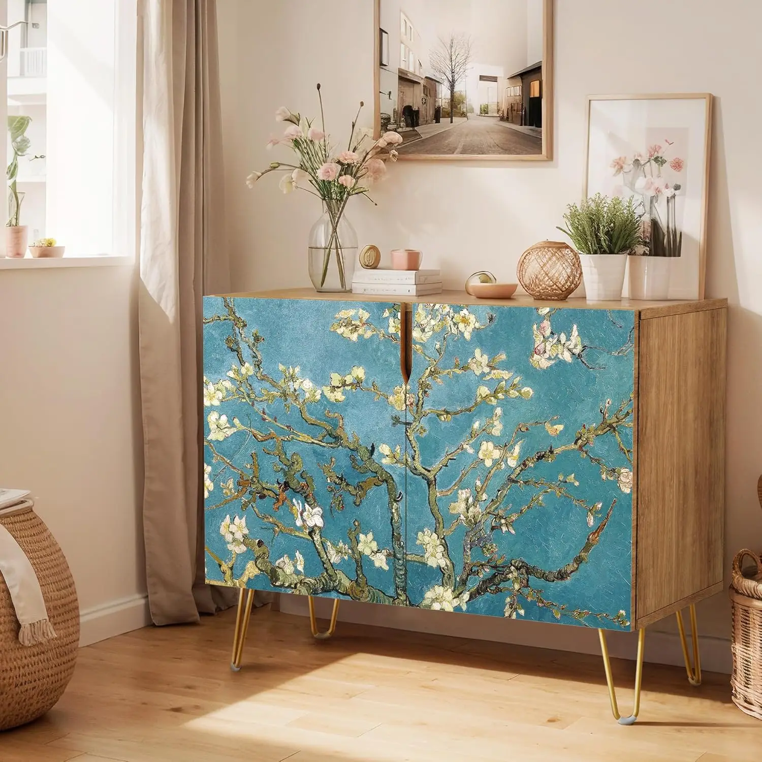 Sideboard Buffet Cabinet Kitchen Storage Cabinet with 2 Doors Almond Blossom Cupboard Console Table Dining Room