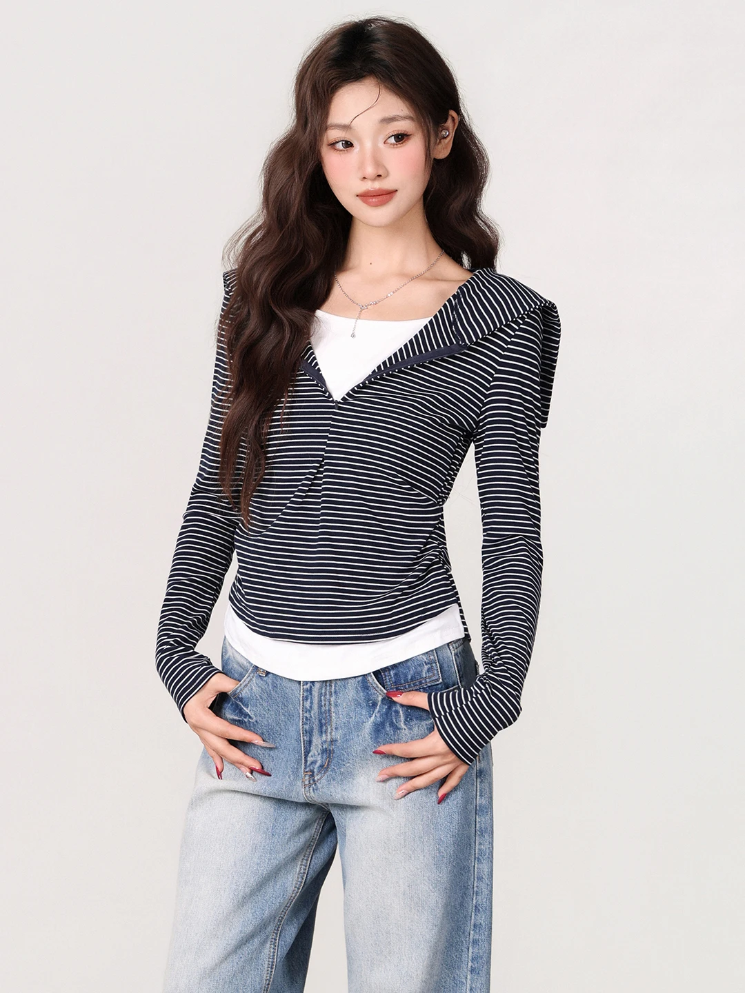 

Женская приталенная футболка с длинным рукавом, имитация двухслойности, с молнией, в полоску, с воротником-стойкой, осенне-зимняя новинка, цветные блоки