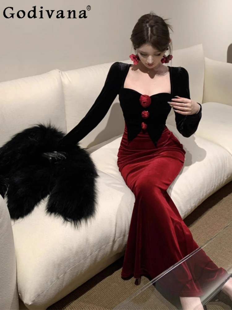 

Temperament Girl French Square Collar Dinner Birthday Dresses Spring Autumn Retro High Waist Long Sleeve Velvet Fishtail Dress