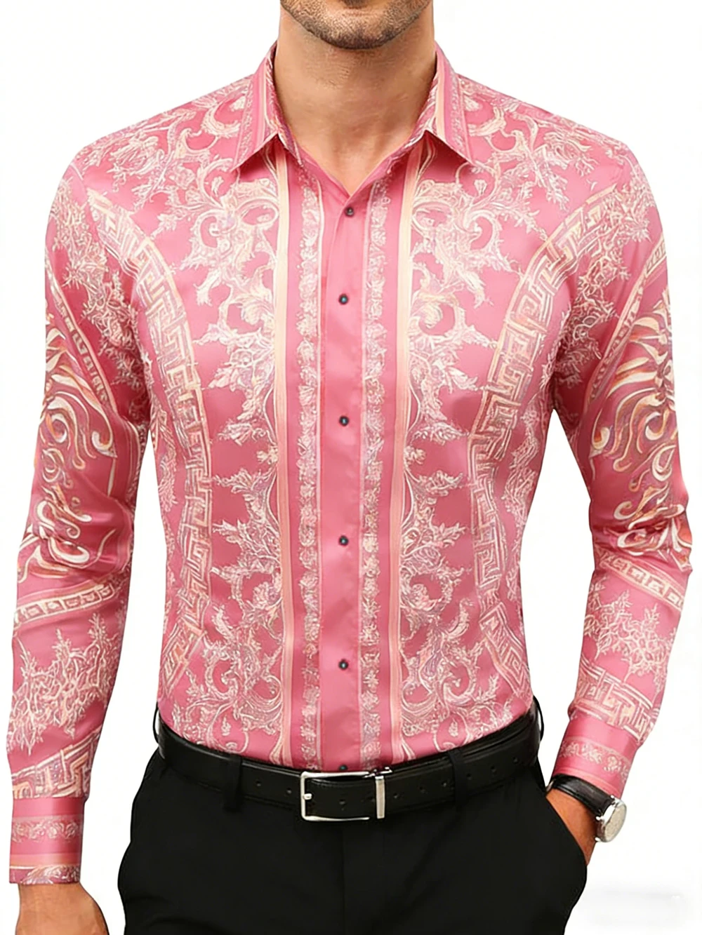 2026 Men's Court Vine High-Definition 3D Printed Multicolor Long-Sleeve Collar Shirt Hawaiian Vacation Performance Top for Men