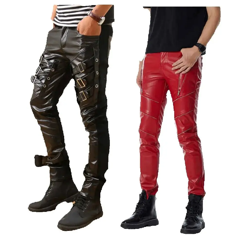 

Men's Punk Style Leather Pants, Nightclub Hairstylist Tight Leather Trousers, Men's Motorcycle Riding PU Leather Pants