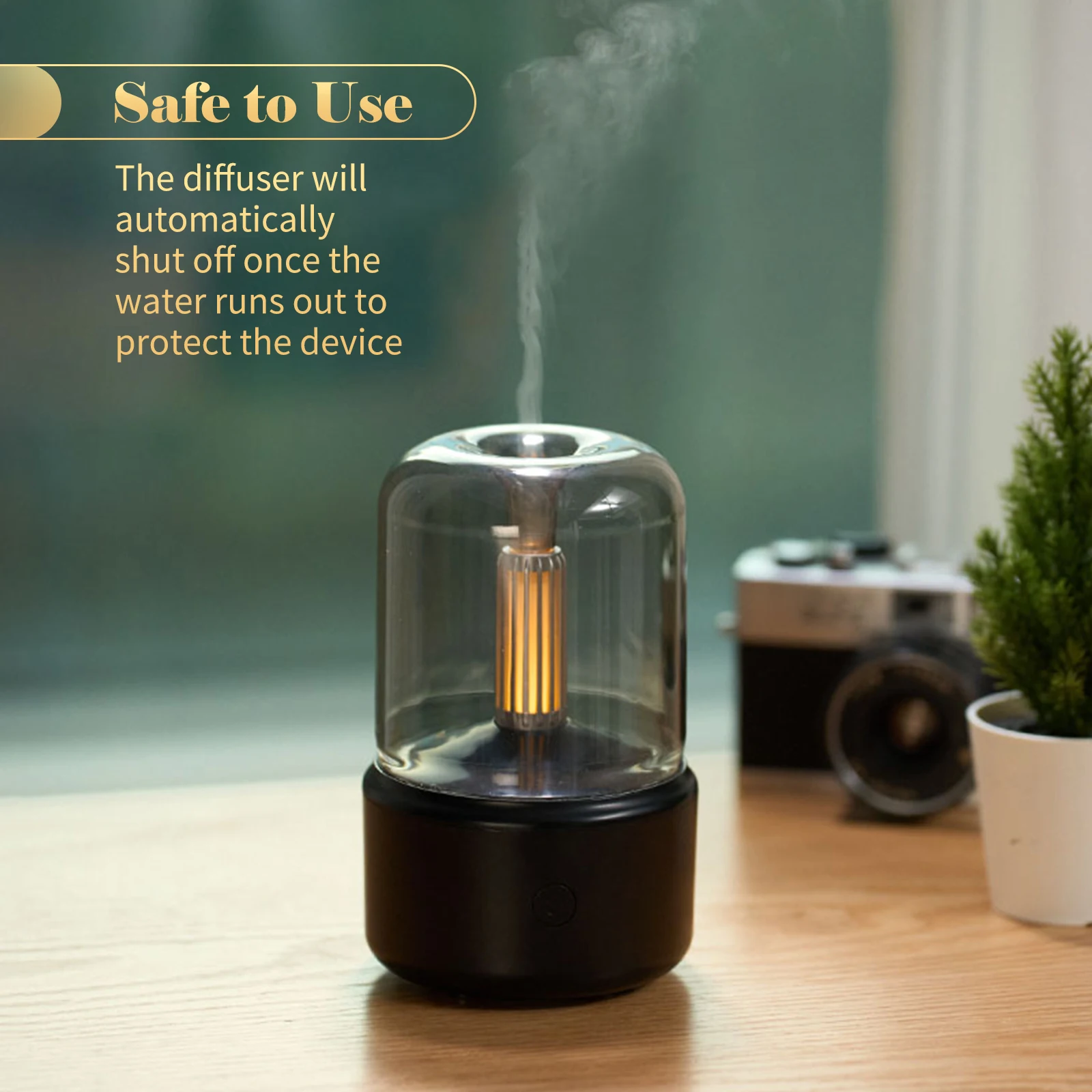Aromadiffusor im Kerzenlicht-Stil, 120 ml, Nebelbefeuchter, warmweißes Nachtlicht, leiser Diffusor für ätherische Öle, Luftbefeuchter mit kühlem Nebel