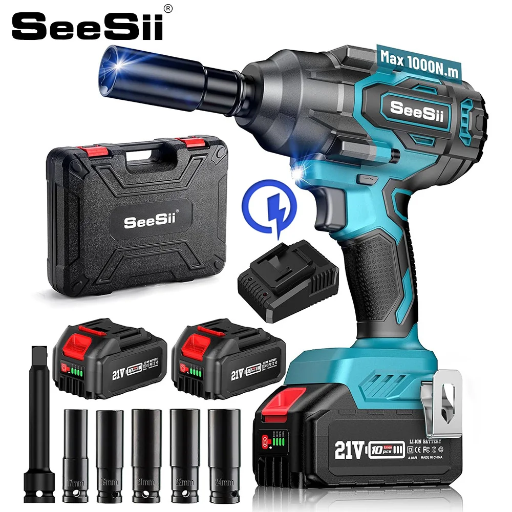 

SEESII WH760 1000Nm Brushless Impact Wrench Cordless Electric Wrench Car Tires Repair Tools For Makita 18V Battery Home DIY