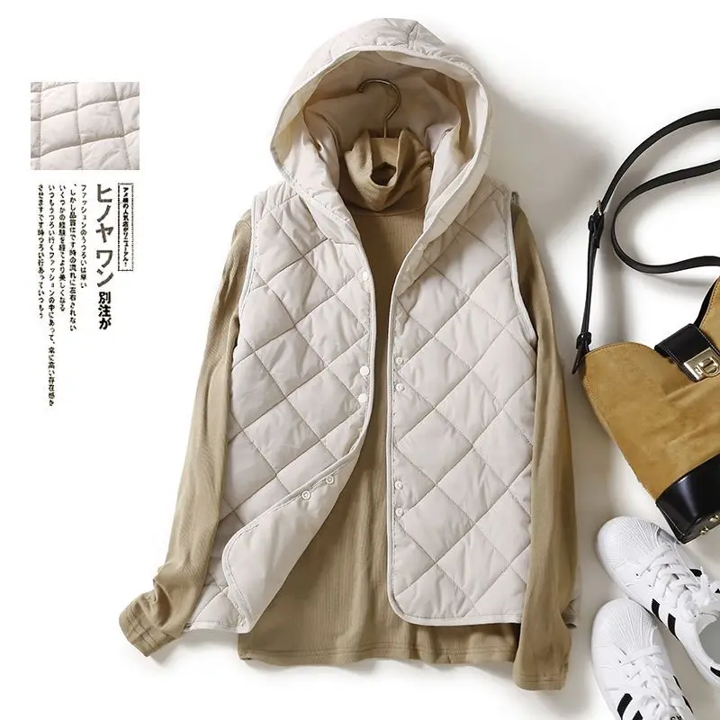 

Women Winter Elegant Casual Loose Vests Plaid Hooded Warm Cotton-Padded Puffer Waistcoat Female Windproof Sleeveless Jackets