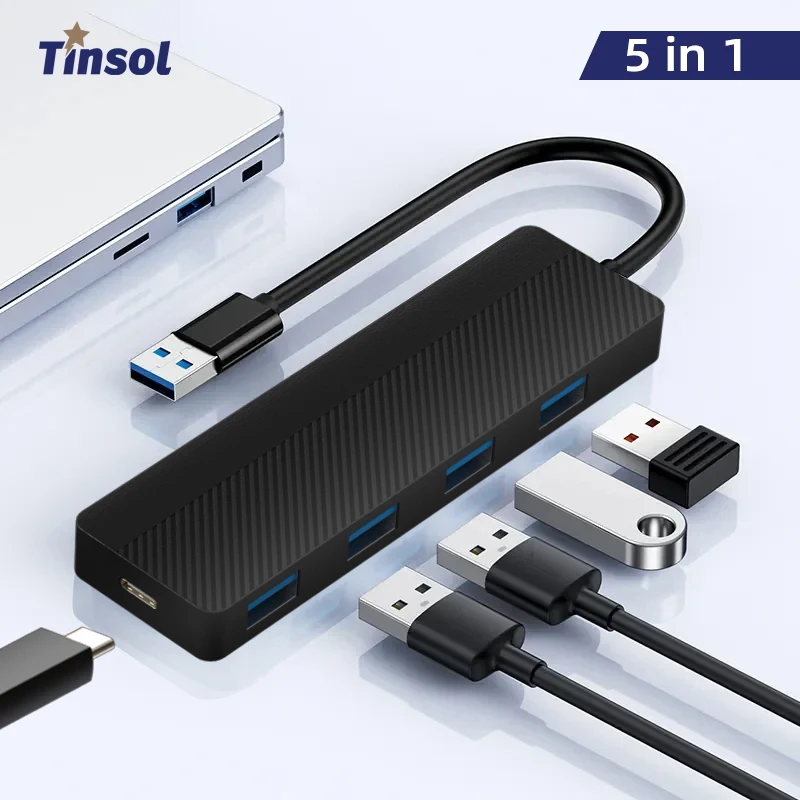 Tinsol Mini USB A Type C Hub 5Port Adapter USB3.1Multi Splitter 5in1 Docking Station UltraSlim SuperSpeed For Computer Laptop PC