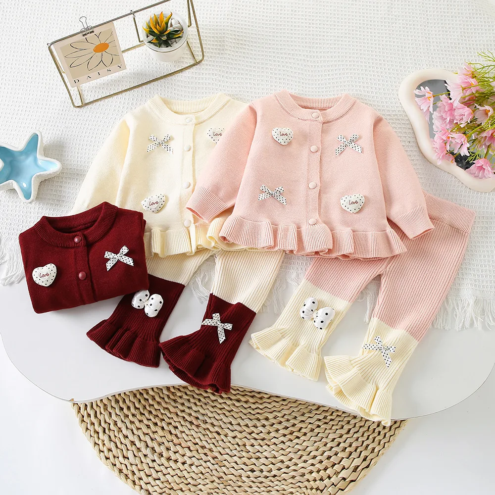 Baby Girls Knitted Clothes Sets Spring Autumn Toddler Woolen Jersey Sweaters Coats Leggings Pants 2pcs Cute Suit For Infants 2Y