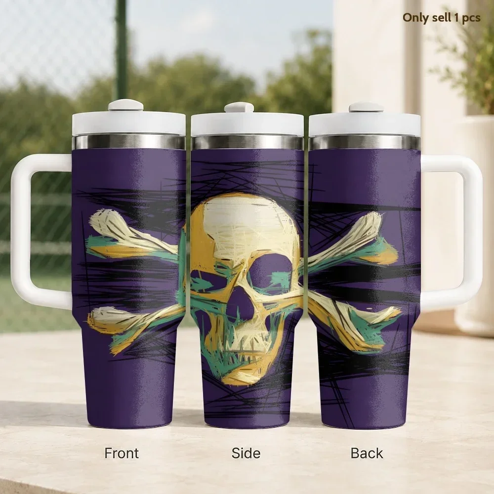 Skull And Crossbones Punk Gothic Vacuum Flasks 40oz Stainless Steel Insulated Tumbler with Handle Straw Cup Daily Travel Mug