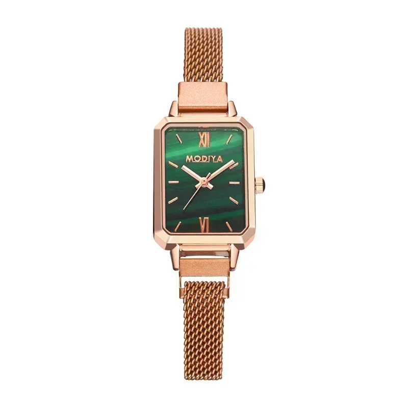 Relógios femininos moda praça senhoras relógio de quartzo pulseira magnética mostrador verde simples rosa ouro malha luxo relógios femininos