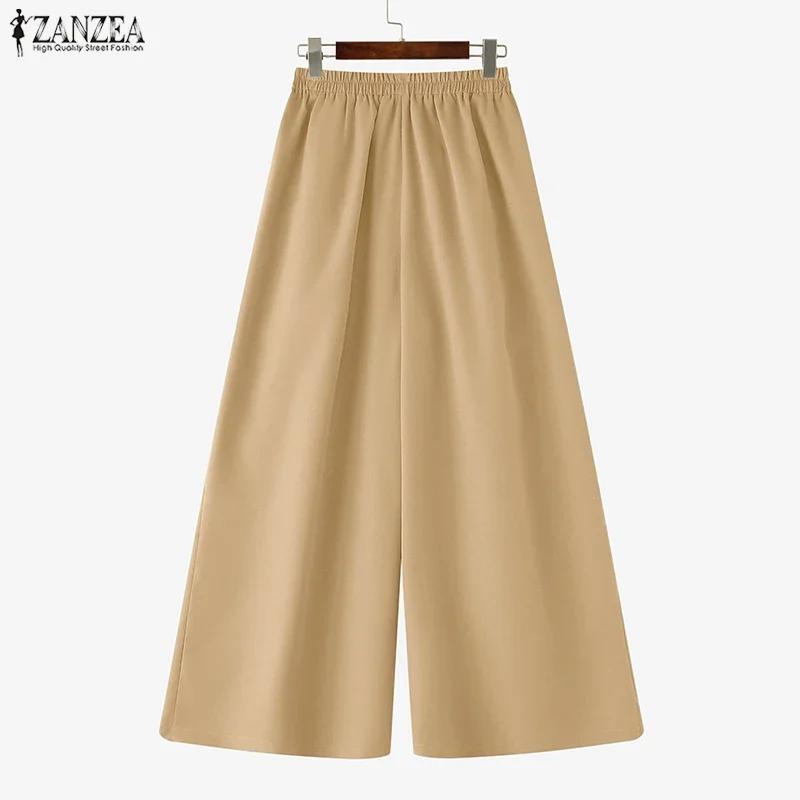 2026 ZANZEA Fashion Women Wide Leg Pants High Waist Pockets Long Trouser Elegant Streetwear Casual Solid Elastic Waist Pantalons