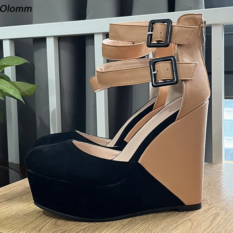 

Olomm Handmade Women Platform Pumps Sexy Wedges High Heels Pumps Charm Round Toe Elegant Apricot Shoes Ladies Plus US Size 5-20