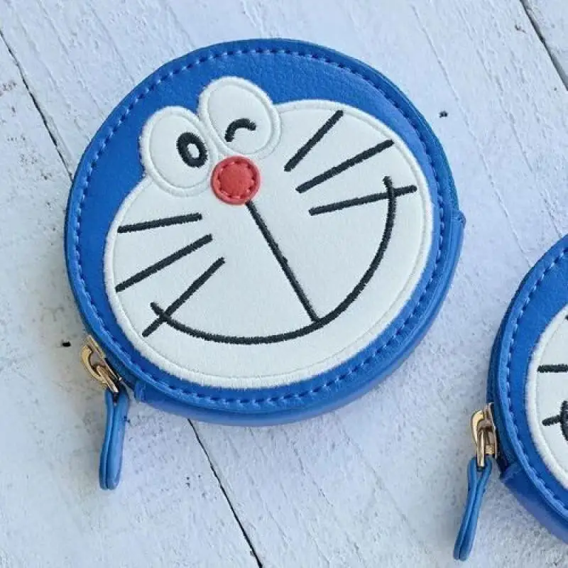 Doraemon Dorami Pu Embroidery Blink Mini Circle Shape Zipper Style Coin Storage Wallet Portable Earphone Data Cable Storage Bag