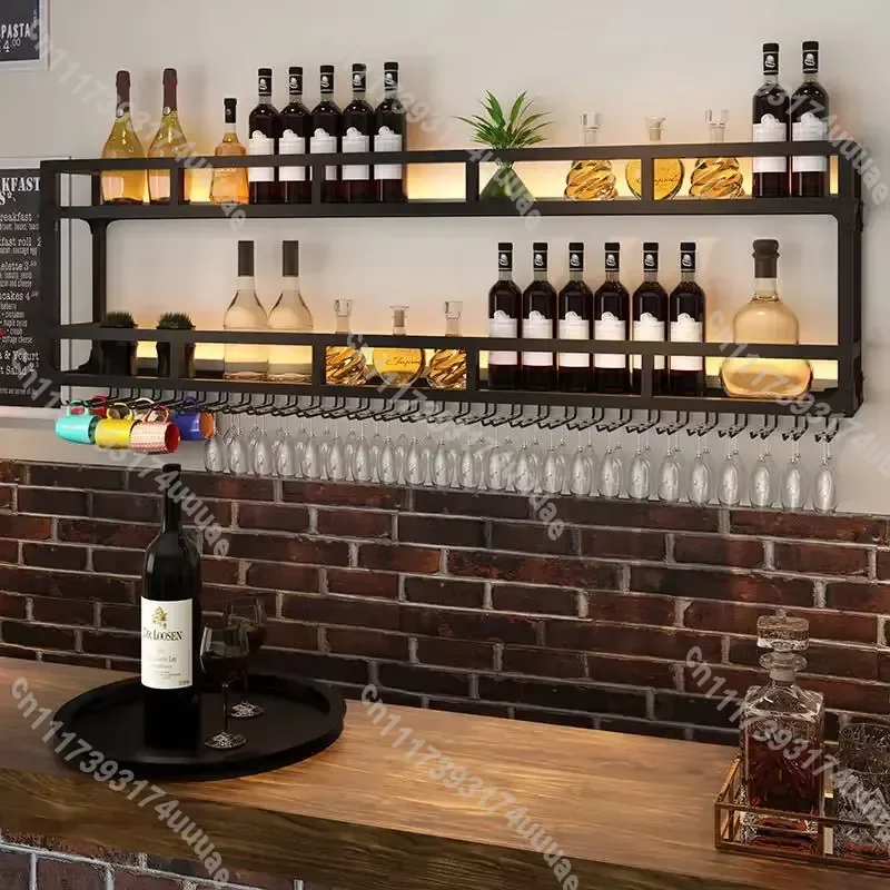Industrial Iron Wall Mount Bar Shelf with Built-in Wine Glass Holder and Ambient Lighting Decorative Storage Rack for Home