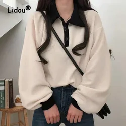 Fashion Color Contrast Button Sweatshirts Womne New Classic Lantern Sleeve Polo Collar Loose Casual All-match Comfortable Top