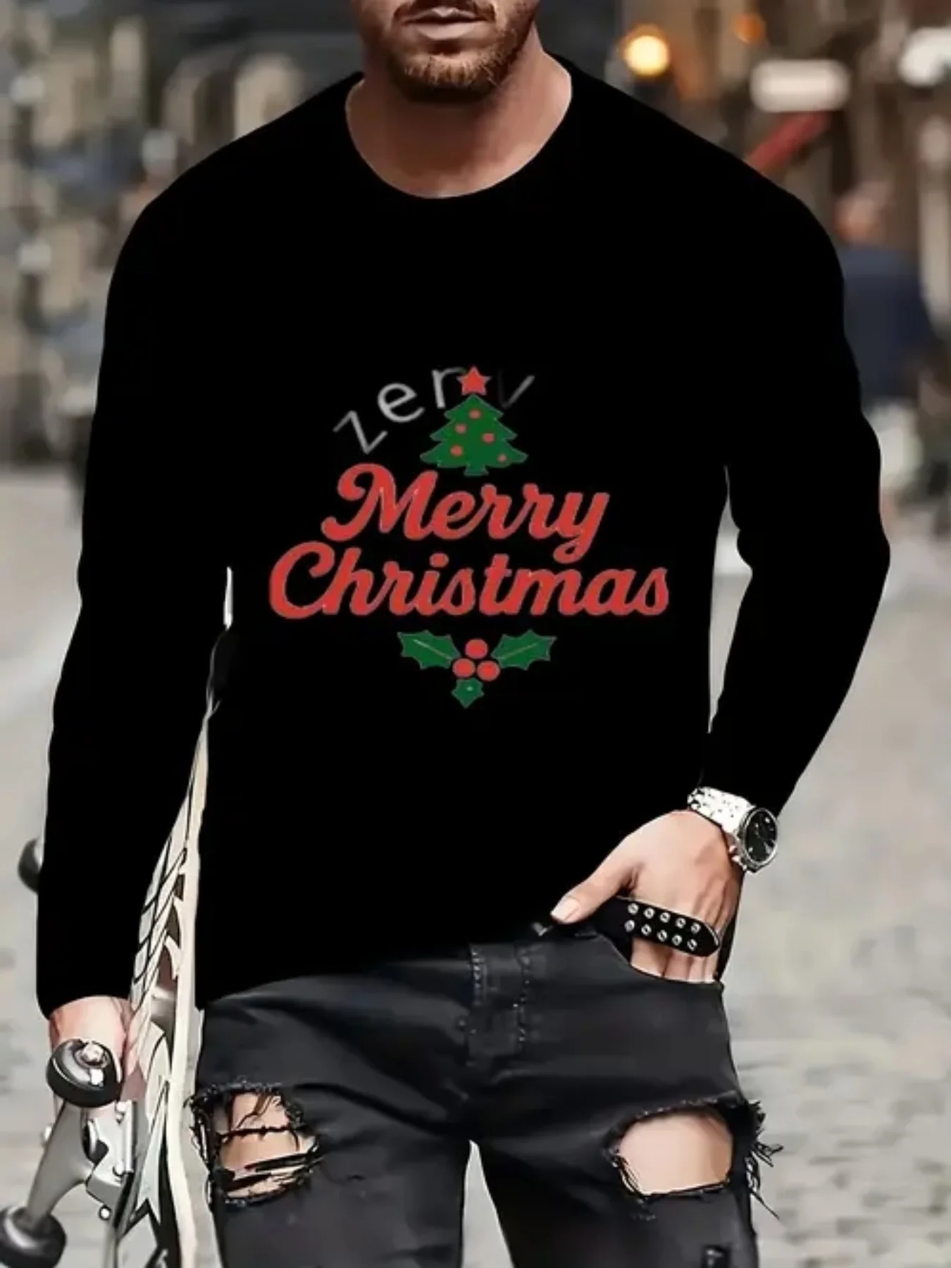 

Black Friday discount: A men's white round-neck long-sleeved pure cotton T-shirt with creative theme print