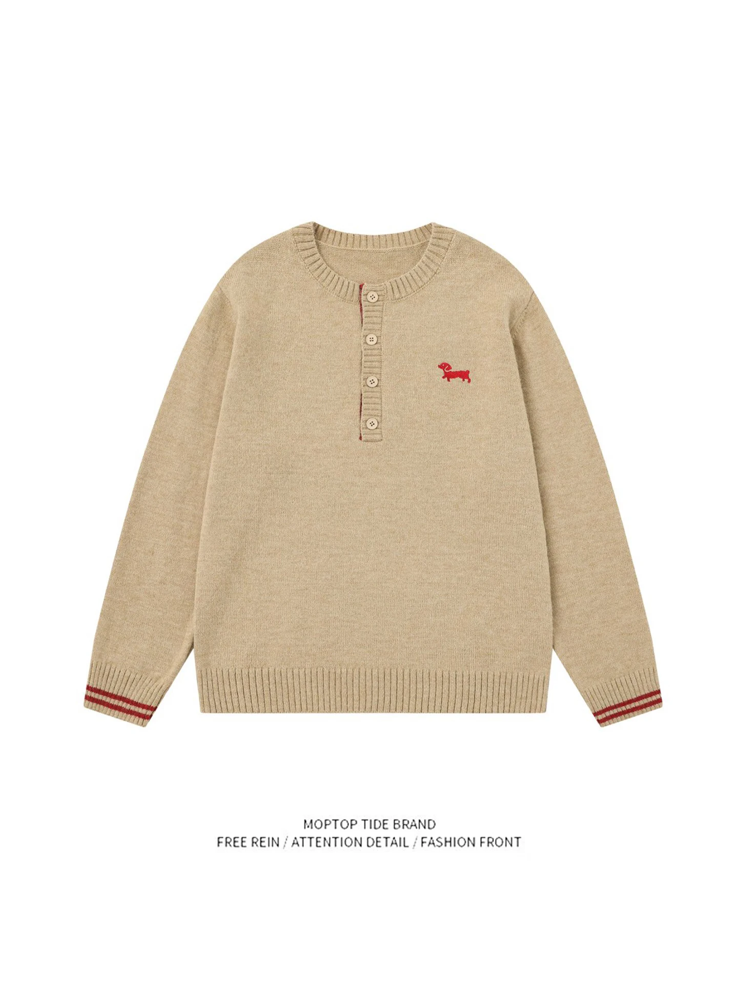 

Ретро-свитер с вышивкой собаки и воротником Хенли, мужской, осенне-зимний, свободный, универсальный, парный, вязаный, повседневный, комфортный