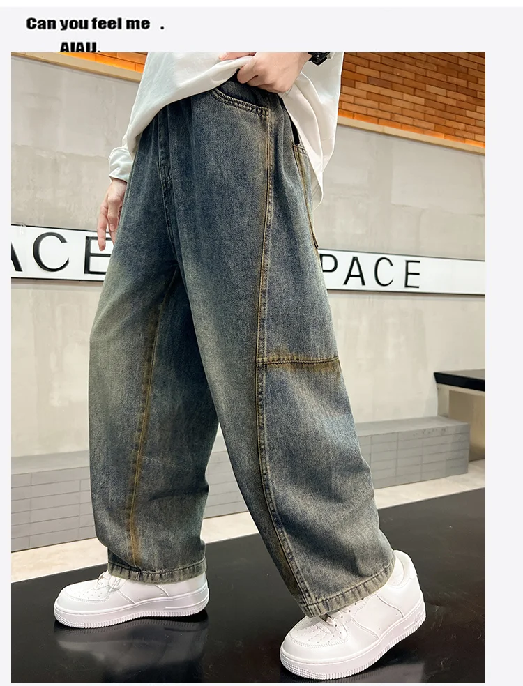 Amerikanische Kinder Retro Street Loose Fit Jeans für Jungen, Hochgeschnittene Casual Kinder Vintage Denim Hosen, Teenager Jeans 5-14 – Detail 2