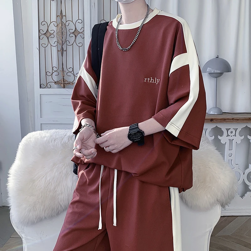 

American Sle Embroidery Summer Set Design Color Blo ort Sve T-irt Trendy Loose Sports Five-Point Pants Men's Set