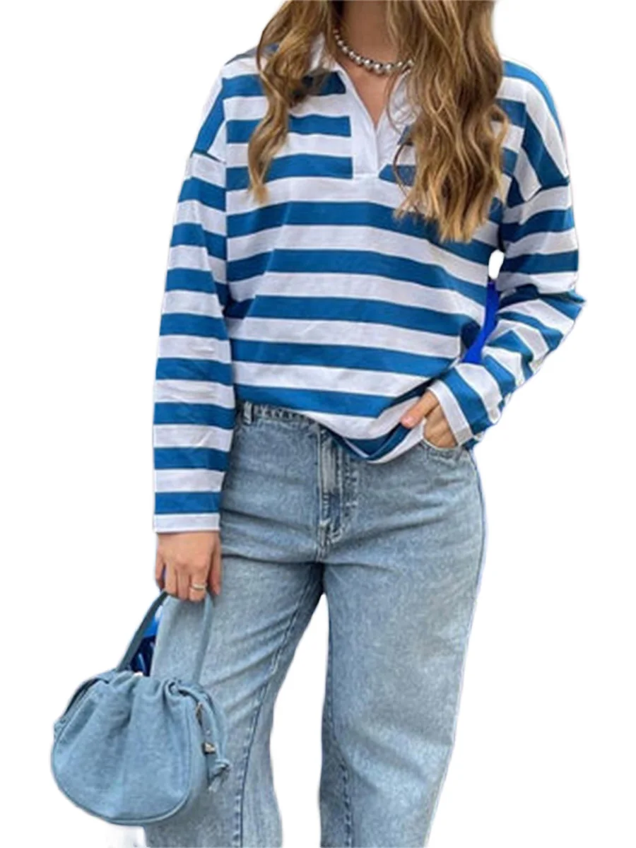 Women s Striped Tops Loose Lapel V Neck Long Sleeve Casual Shirt for Fall Streetwear