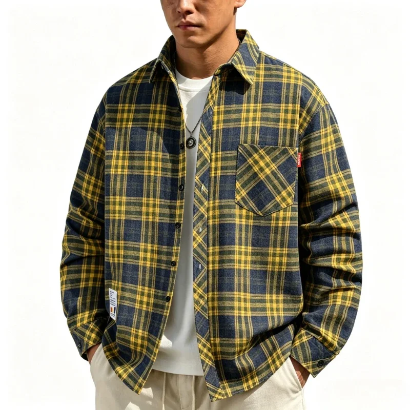 Autumn Long Sleeve Yellow Plaid Shirts Man Spring Summer Loose Fit Trendy Korean Style Casual Shirt Man's Overalls Work Clothes