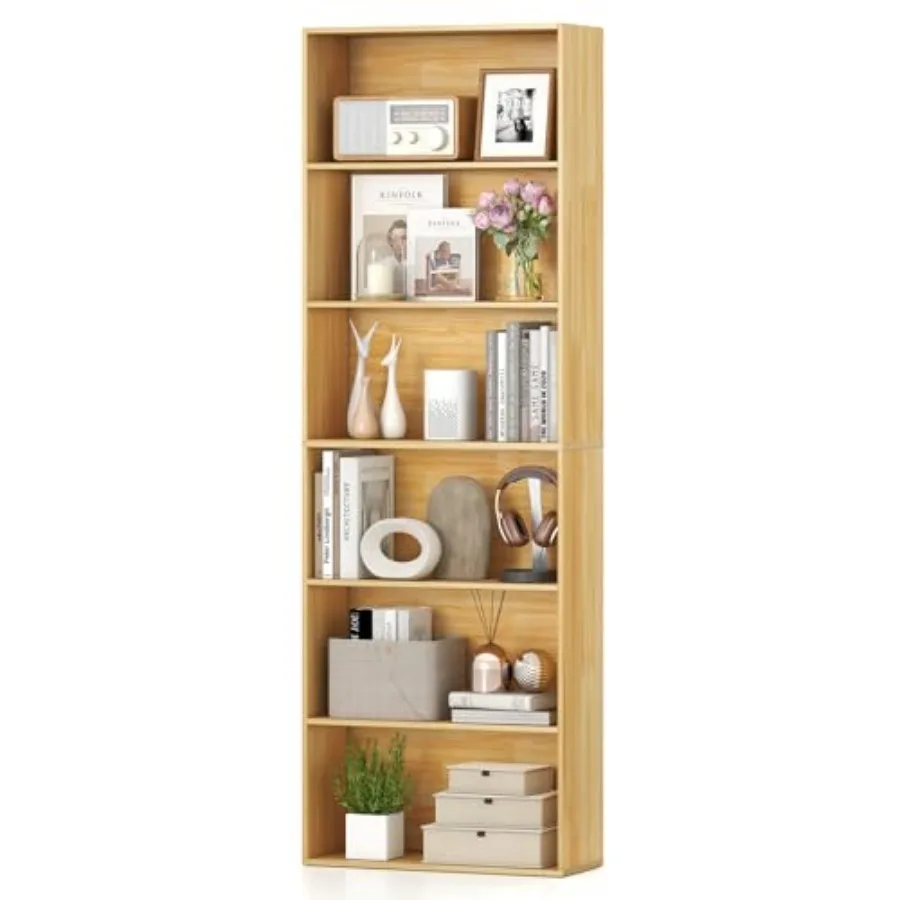 

6-Tier Bookcase 70" Tall Wooden Bookshelf Freestanding Storage Organizer w/Open Shelves Anti-Tipping Kits Modern Floor Standing