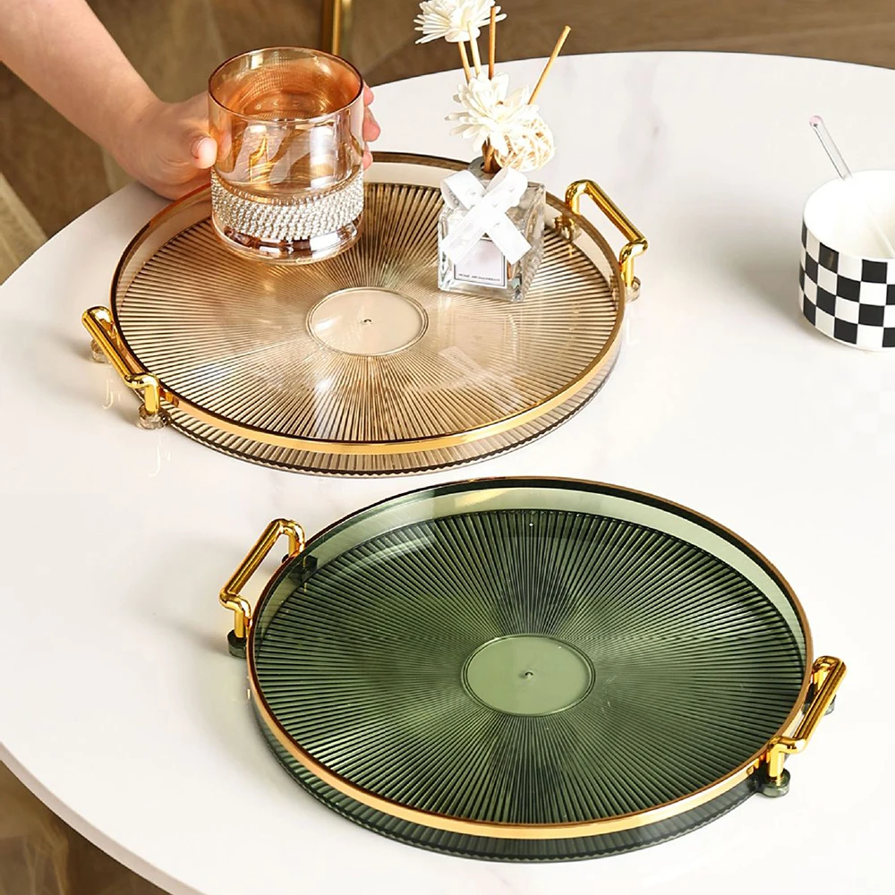 1PCS Acrylic Round Tray,Multipurpose Double Ear Plate with Gold Handles for Coffee Fruits,Storage Trays Living Room Decorative