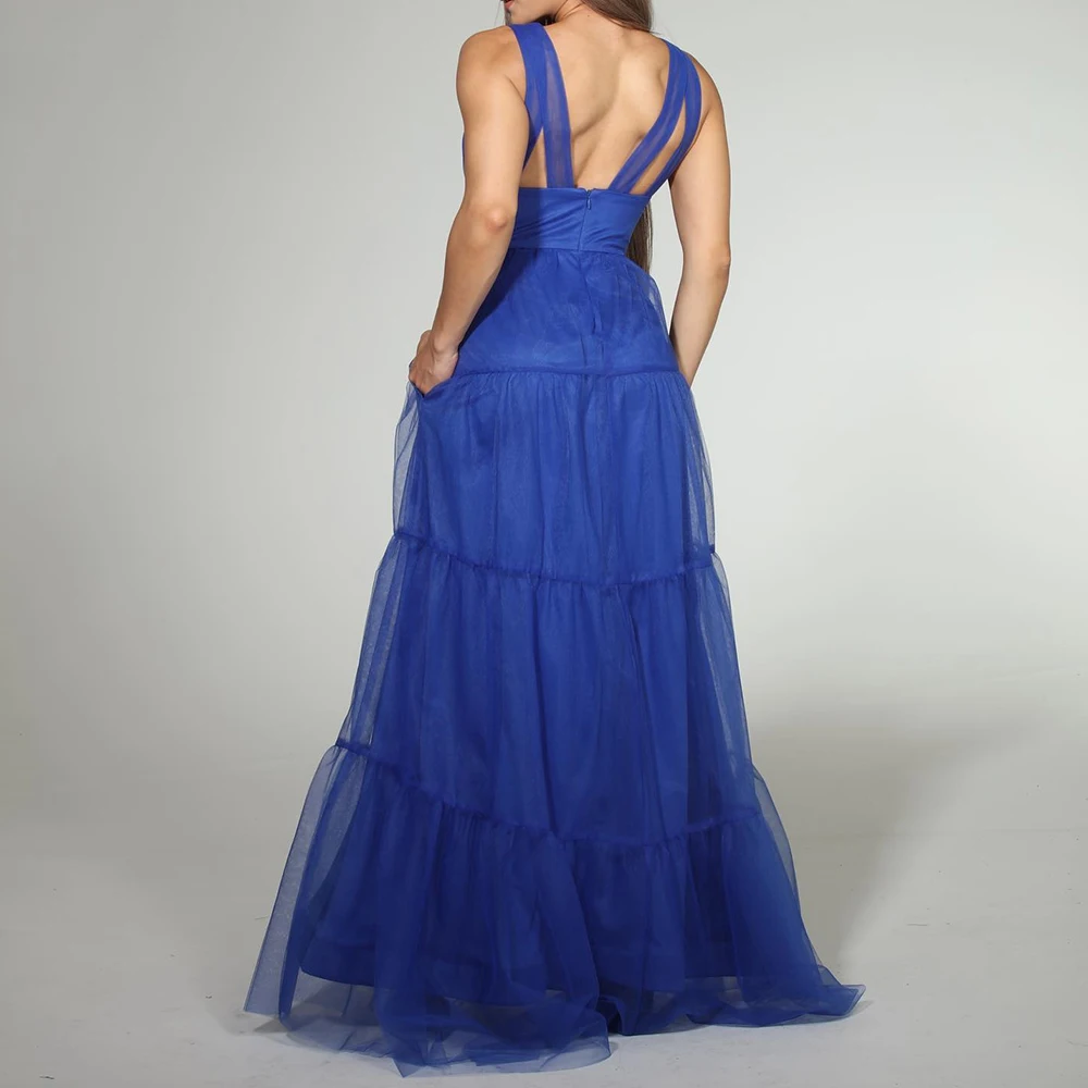 Customized Modern Pleats V-Neck Evening Dresses Fashion A-Line Spaghetti Straps Zipper Back Blue Organza Party Gowns فساتين سهرة