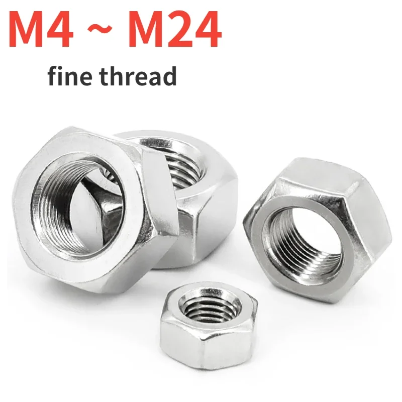 M4 M5 M6 M8 M10 M12 M14 M16M18M20M22M24 304 Stainless Steel Hexagonal Fine Thread Nut Screw Cap Pitch0.5/0.75/1.0/1.25/1.5/2.0mm