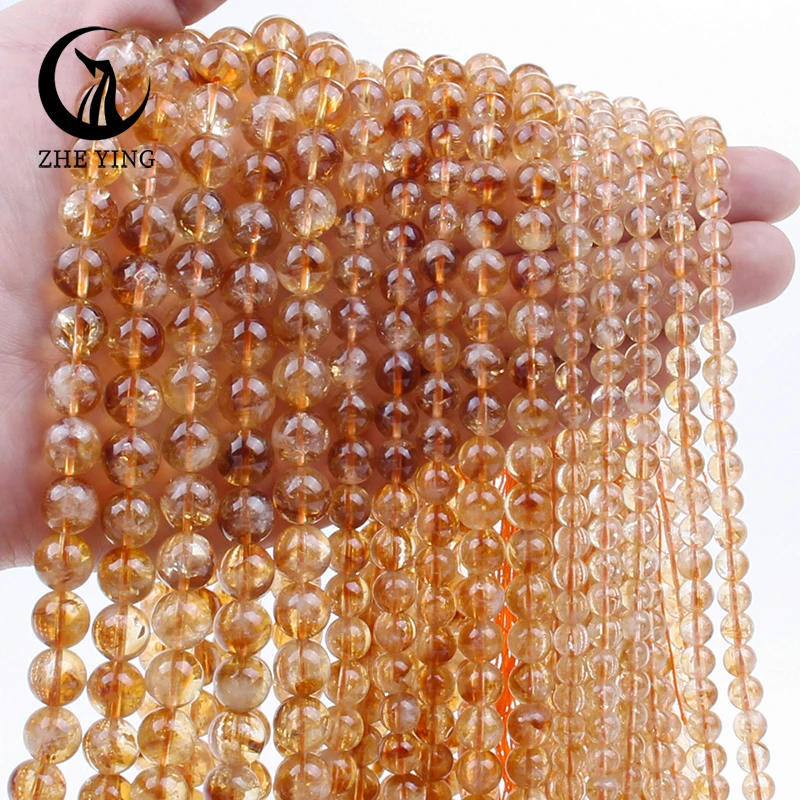 Zhe Ying 100% Natural Citrine Gemstone Beads Round Smooth Loose Stone Beads for Bracelet Making Diy Jewelry Accessories