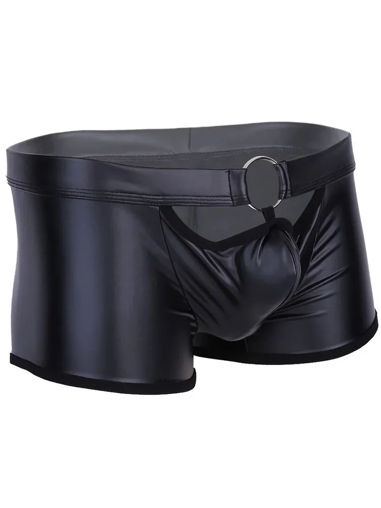 S-5XL Faux PU Leather Boxershorts Metal Ring Convex Pouch Mens Boxer Shots Hollow Out Trunks Tights Sexy Calzoncillo Underwear