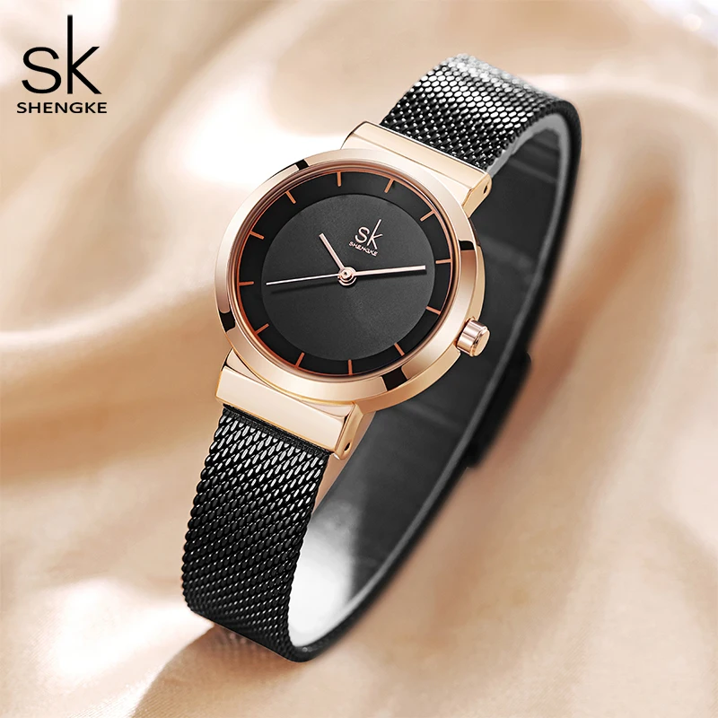 Shengke SK Luxury Brand Dress Golden Watch Ladies Elegant Diamond Quartz Wrist Watches For Women Steel Mesh Clock zegarek damski