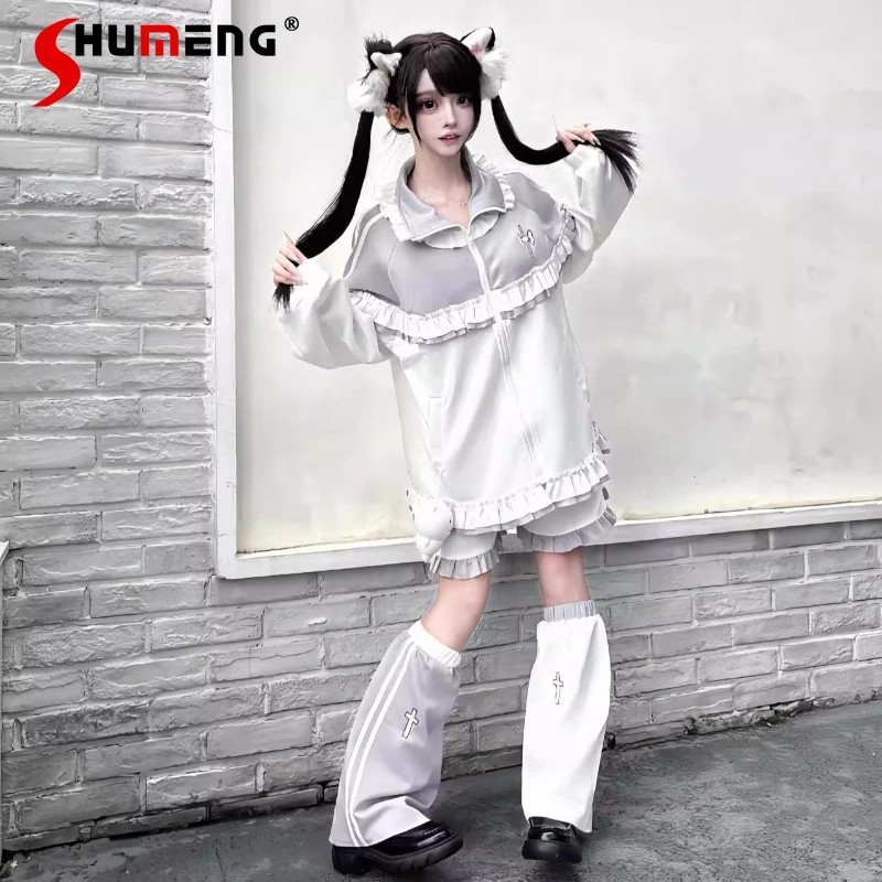 

College Style Student Y2K Sportswear Spring Autumn New 2025 Girls Women Loose Slim Jacket Pants Shorts Leg Warmers 4-Piece Set