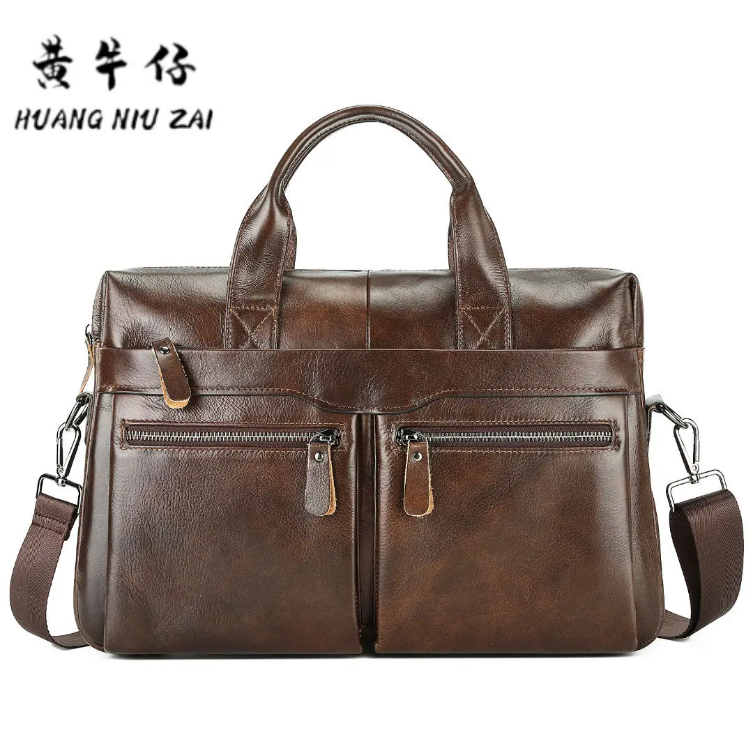 Vintage Genuine Leather Briefcase Men Bag Business Handbag Male 14 Inch Laptop Messenger Bags Shoulder Bags Tote