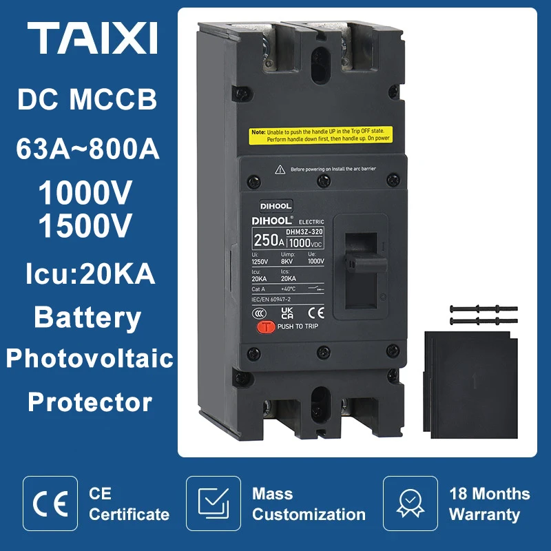 DC MCCB Molded Case Circuit Breaker 2P 12V 24V 1000V 1500V 100A 200A 250A 400A 630A Battery Photovoltaic System Protector