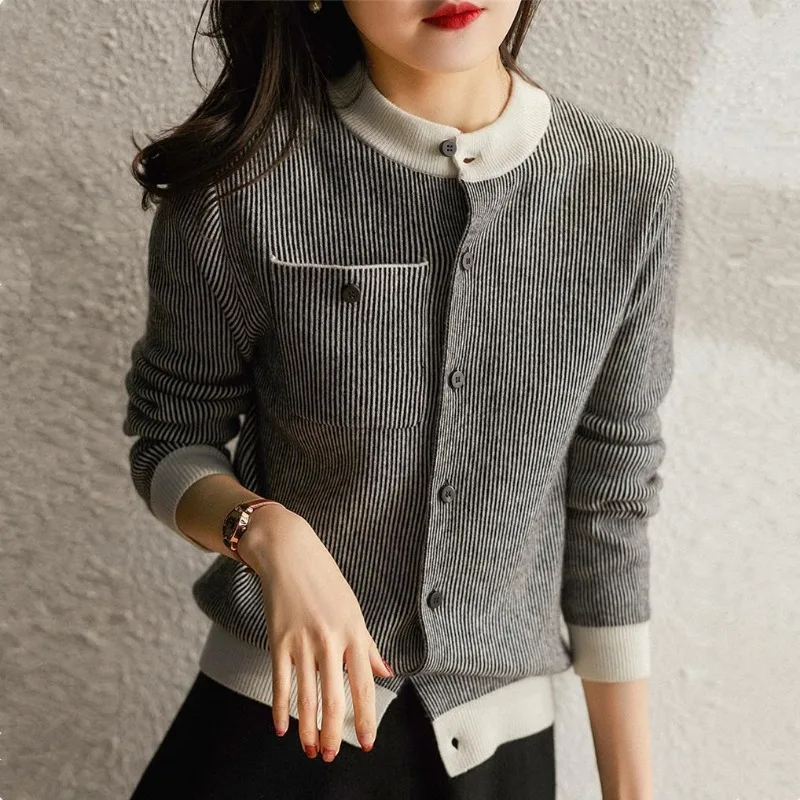 Knitted Cardigan Coat Women Vintage Long Sleeve Sweater Korean Fashion Striped Office Lady Clothes Single-breasted Pocket Jumper