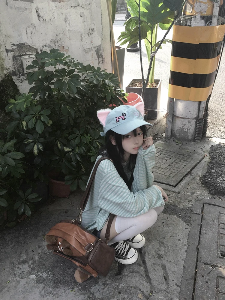 المرأة اليابانية الحلو القط التطريز شريط تي شيرت الخريف عادية فضفاض كم طويل بلايز Y2K Harajuku Kawaii موضة تيز جديد #5